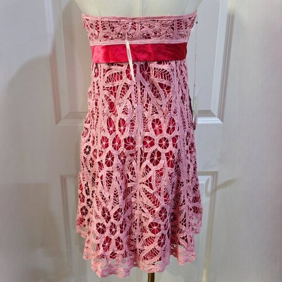 Betsey Johnson ✦ Pink Lace Strapless Dress ✦ Red Velvet Bow Mini Sz 6 NWT - Picture 3 of 16